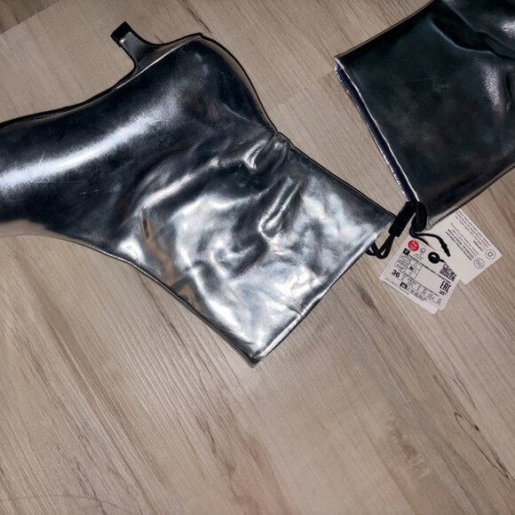 Zara Silver Metallic Genuine Leather Midi Heels with Pointed Toe 6 - Picture 6 of 8